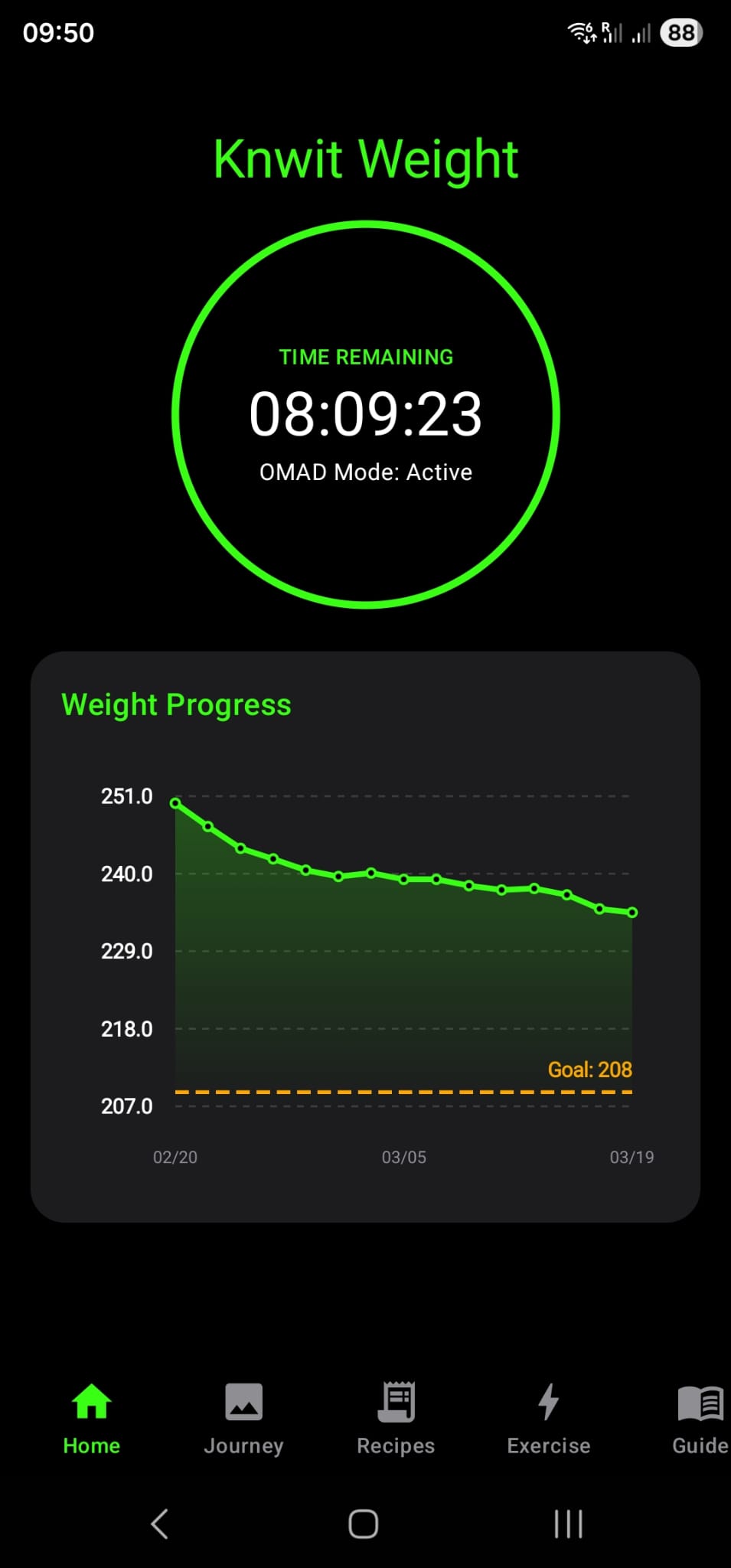 Home screen with fasting tracker timer and weight progress tracking graph