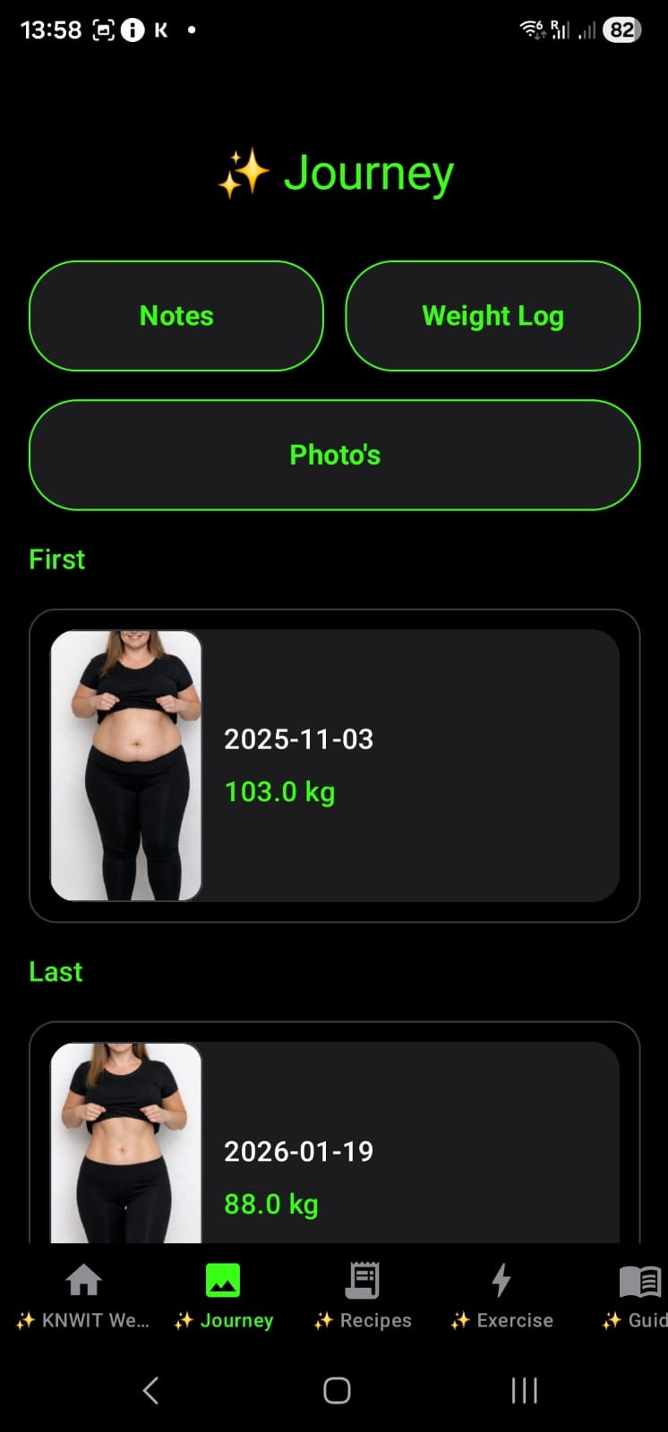 Journey screen for progress tracking with notes, weight log and photos