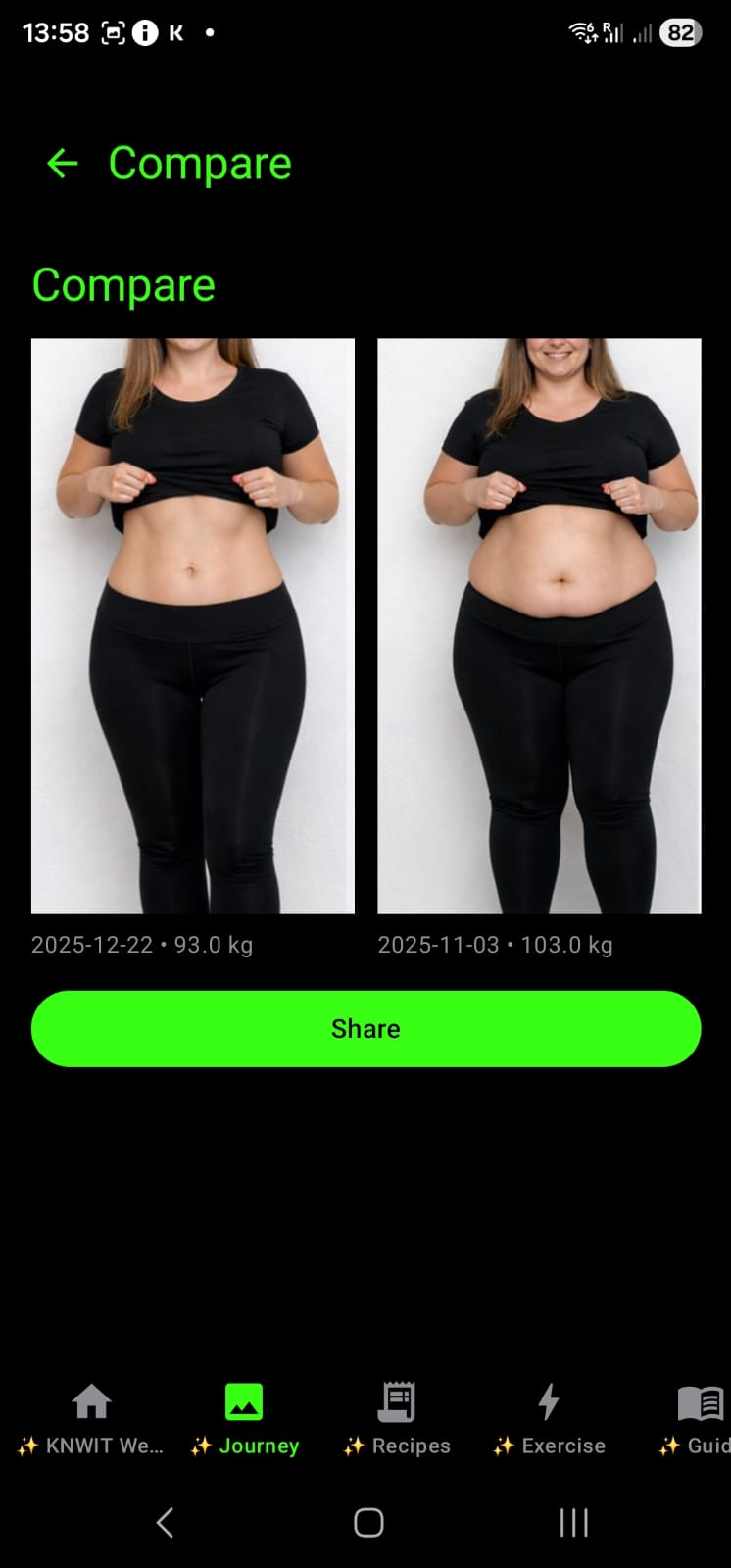 Compare screen for before and after progress tracking photos