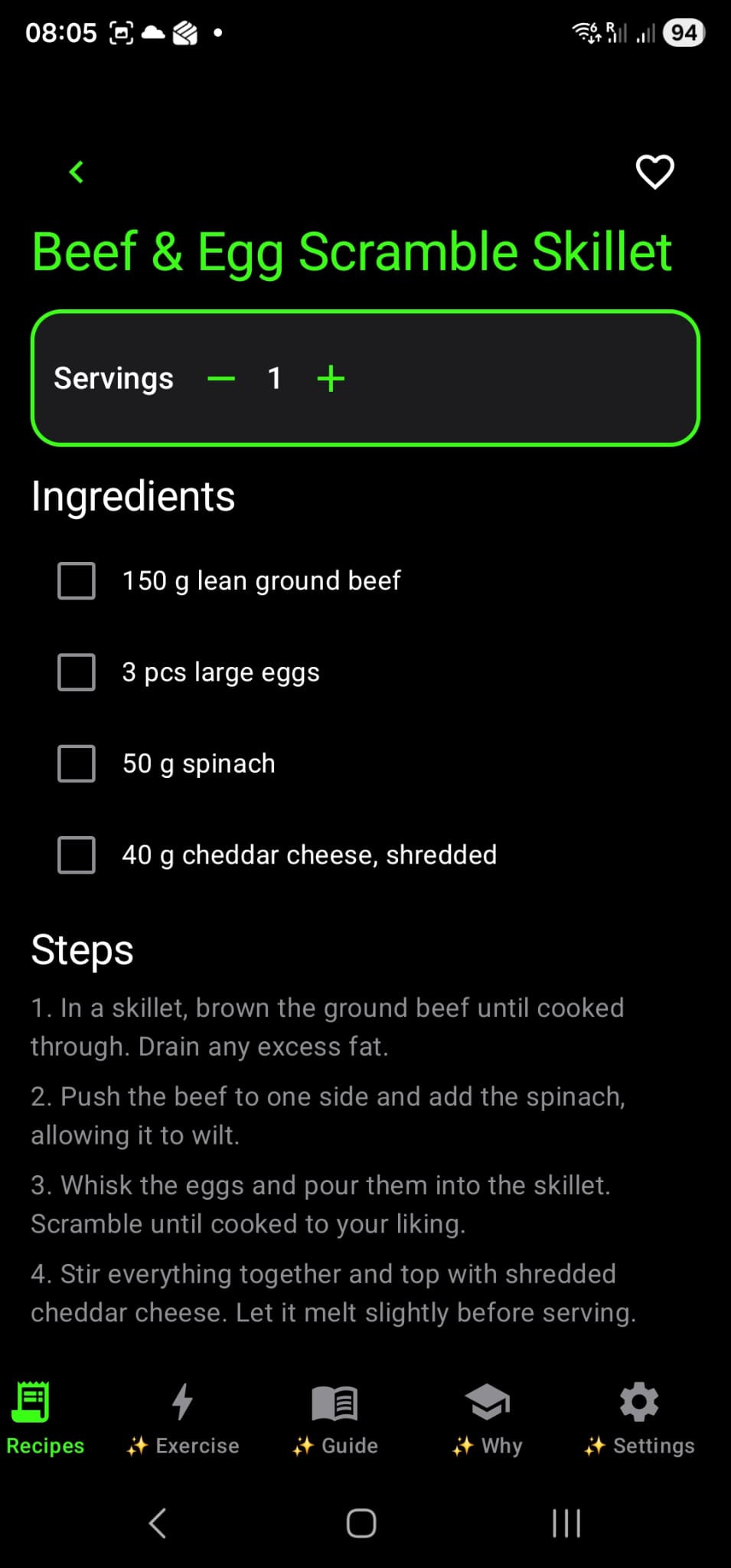 OMAD recipes screen with meals designed for real daily use