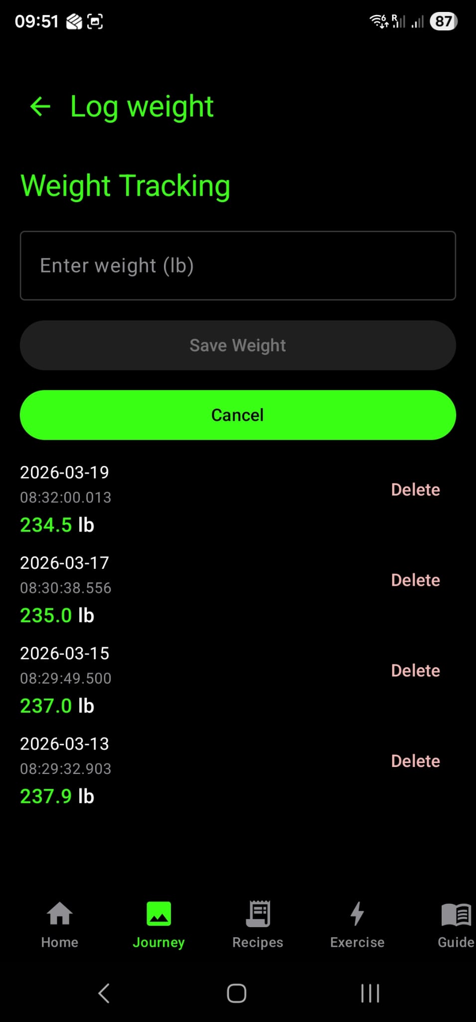 Log weight screen for simple daily progress tracking entries