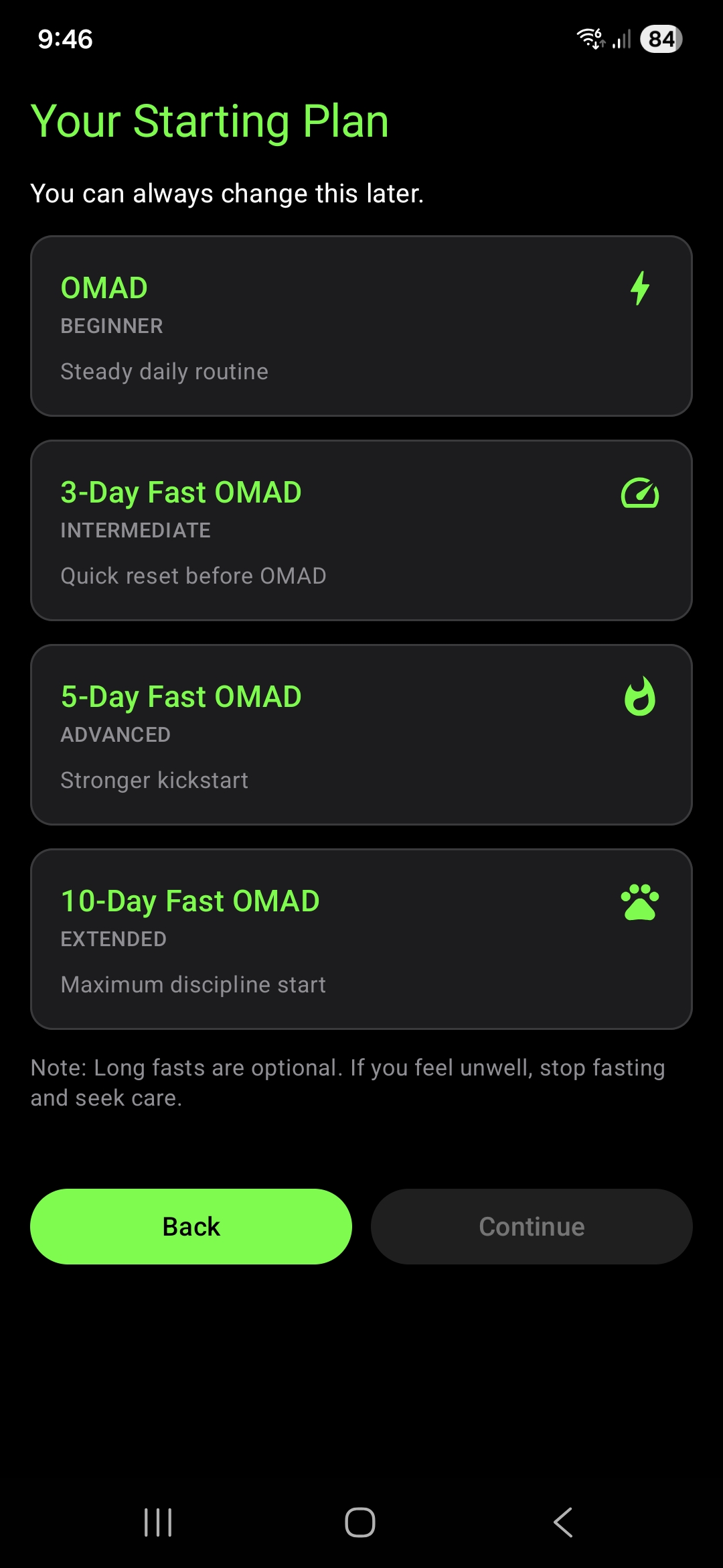 Starting plan screen for choosing OMAD or longer fasting modes