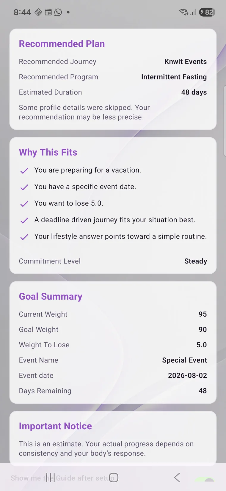 Knwit Weight recommended event plan screen