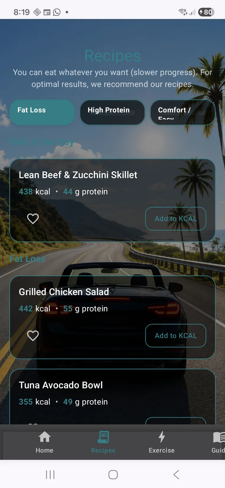 Knwit Weight recipes screen with the new background
