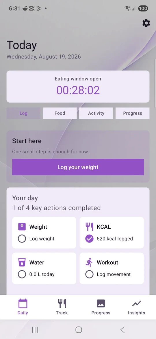 KNWIT 7.0 Daily screen with fasting timer and daily actions in light mode