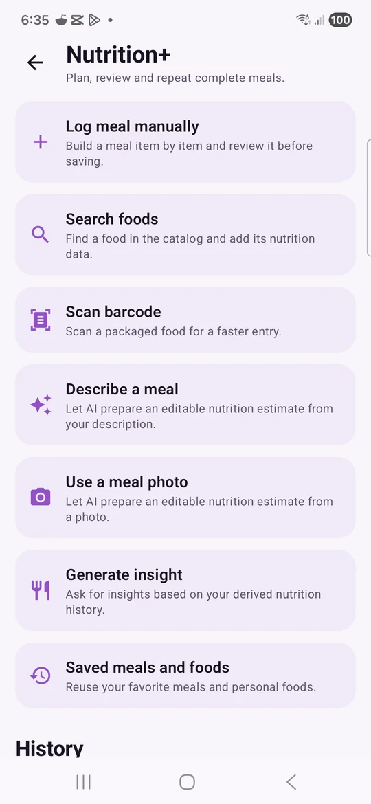 KNWIT 7.0 Nutrition+ with manual meals, food search, barcode scanning, AI meal tools and saved meals