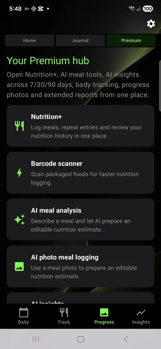 KNWIT 7.0 Premium Hub with Nutrition+, barcode scanning, AI meal analysis, AI photo logging and AI insights