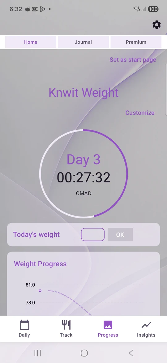 KNWIT 7.0 Progress screen with weight trend, Journal and Premium access